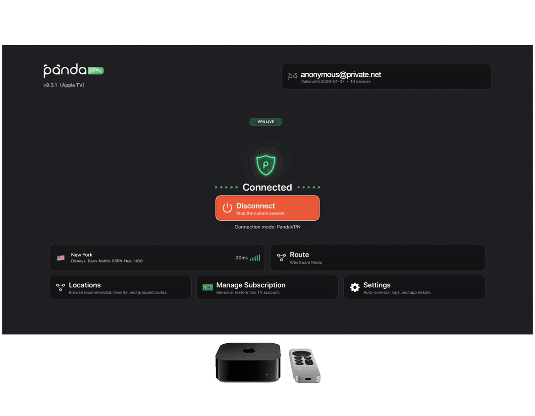 PandaVPN tvOS connected screen with Apple TV hardware